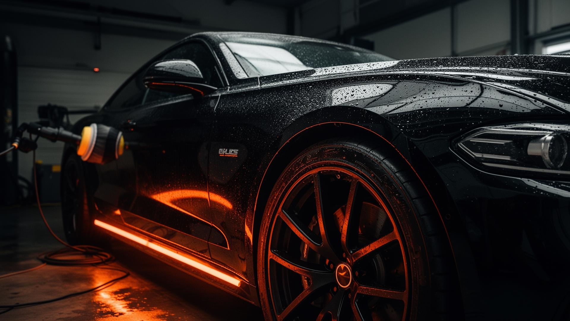 Glossy black car being detailed